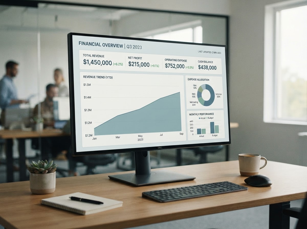 A clean financial dashboard showing unified numbers and charts