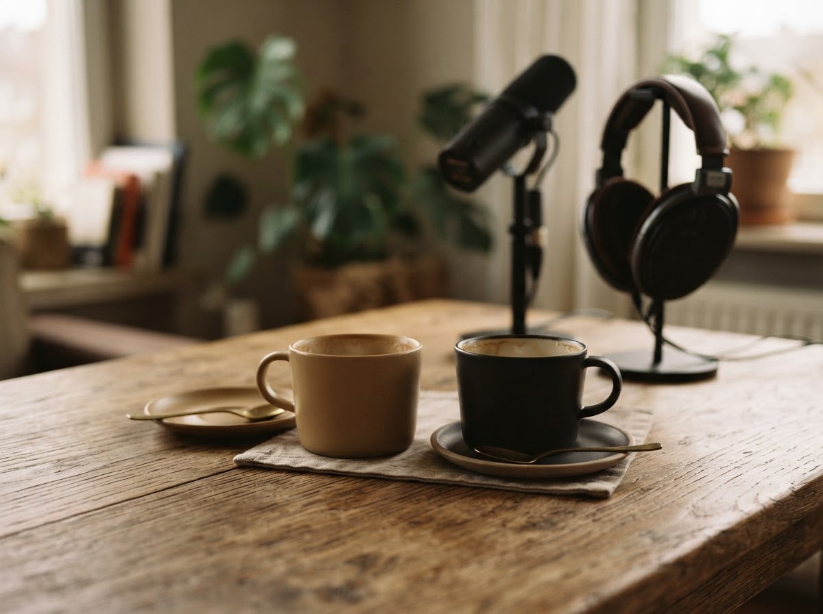 Two coffee cups with a microphone and headphones, representing a thoughtful conversation