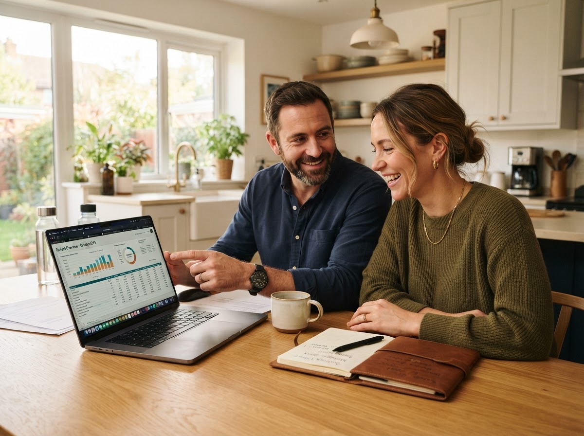 Confident couple reviewing finances together at home