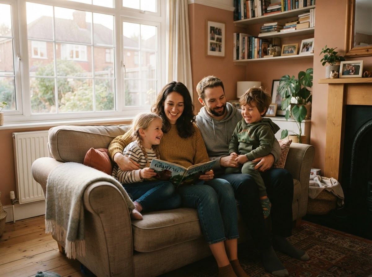 A happy British family relaxing together at home, protected and secure