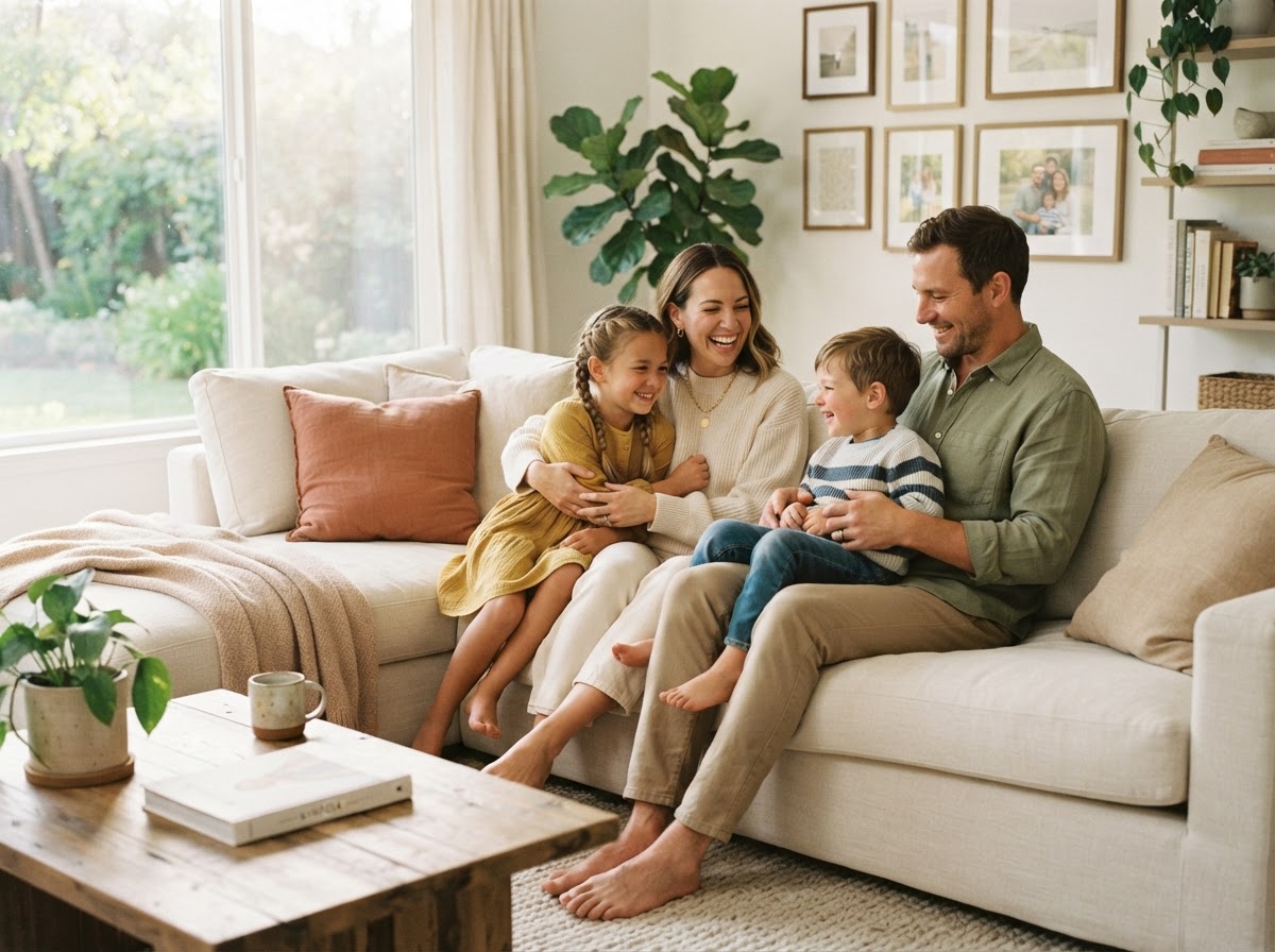 Happy family relaxing together at home