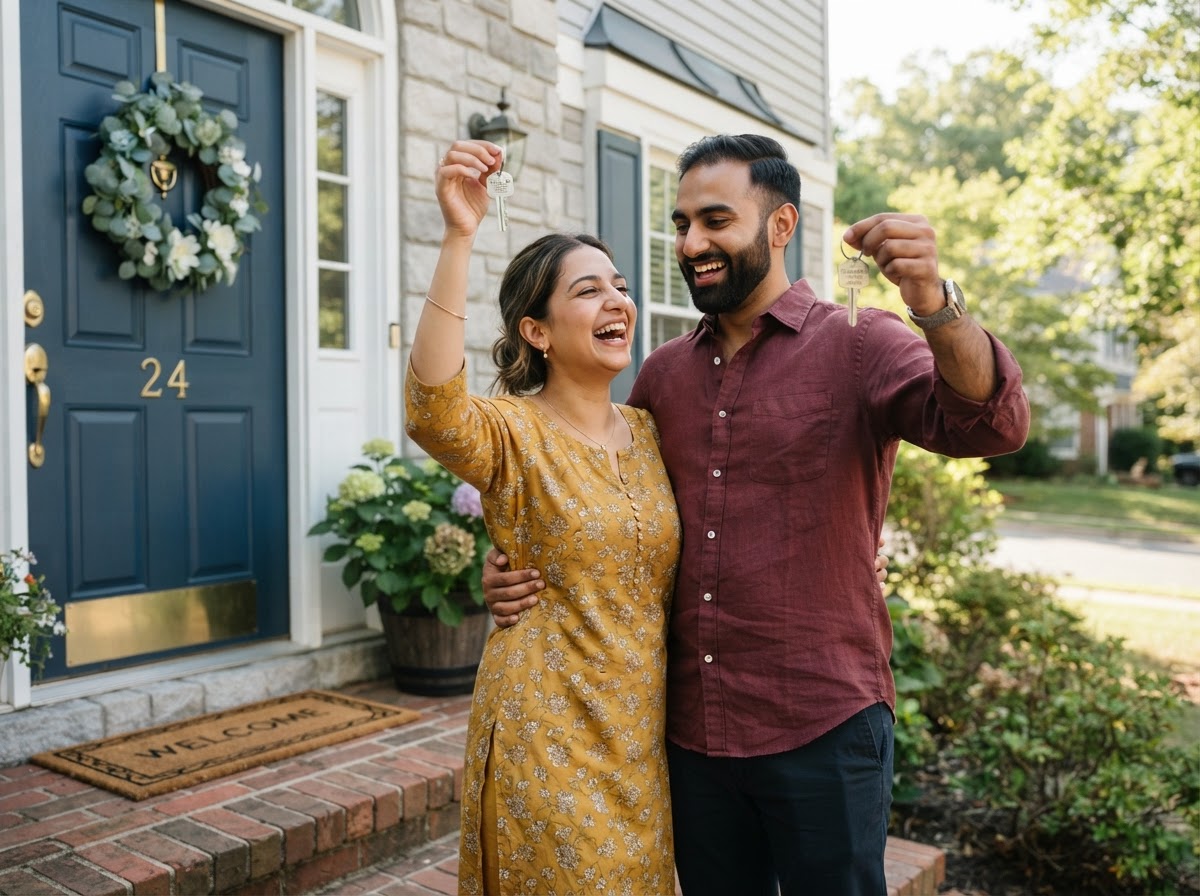 Young South Asian couple celebrating getting their new house keys