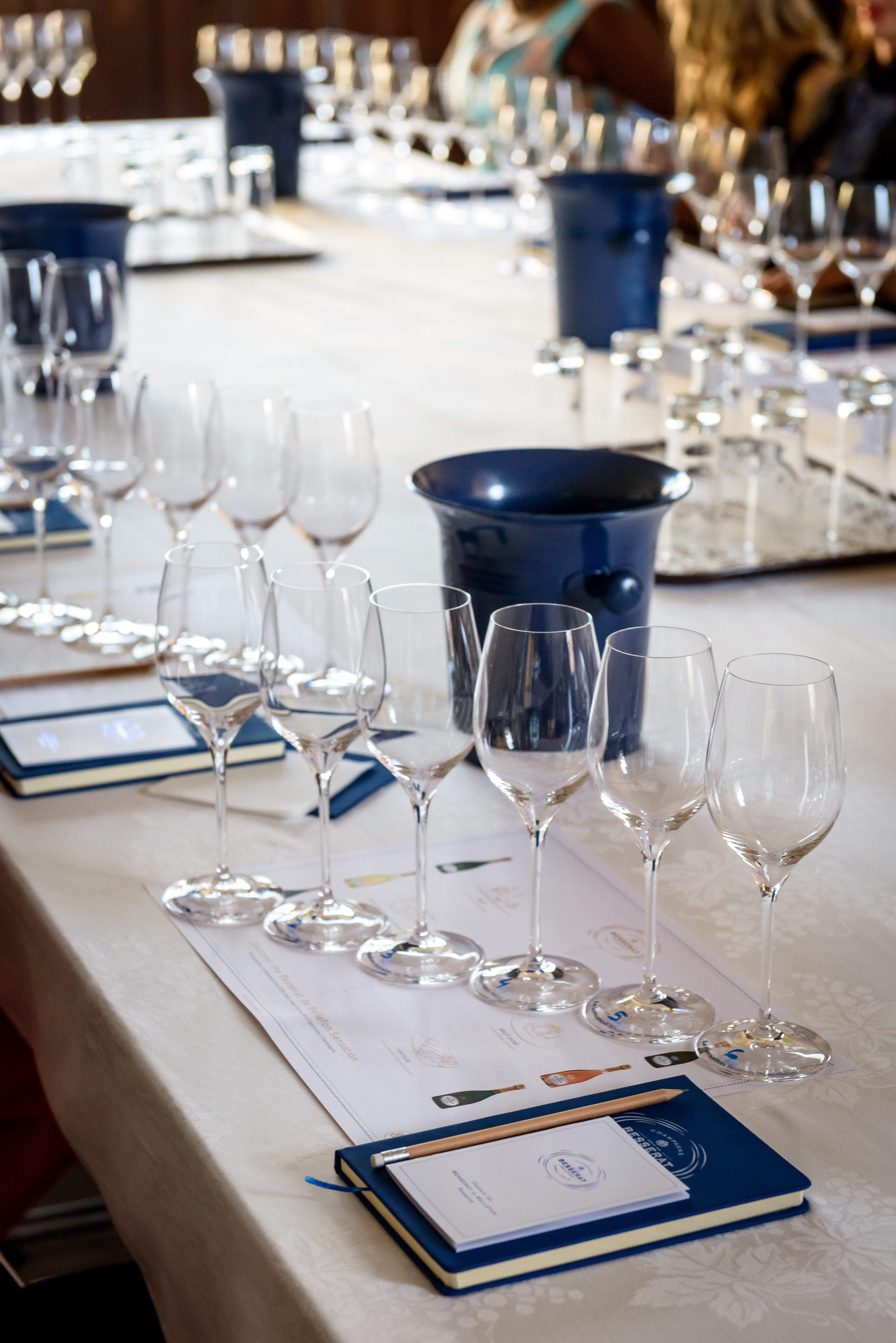 A table prepared for a guided Besserat de Bellefon tasting