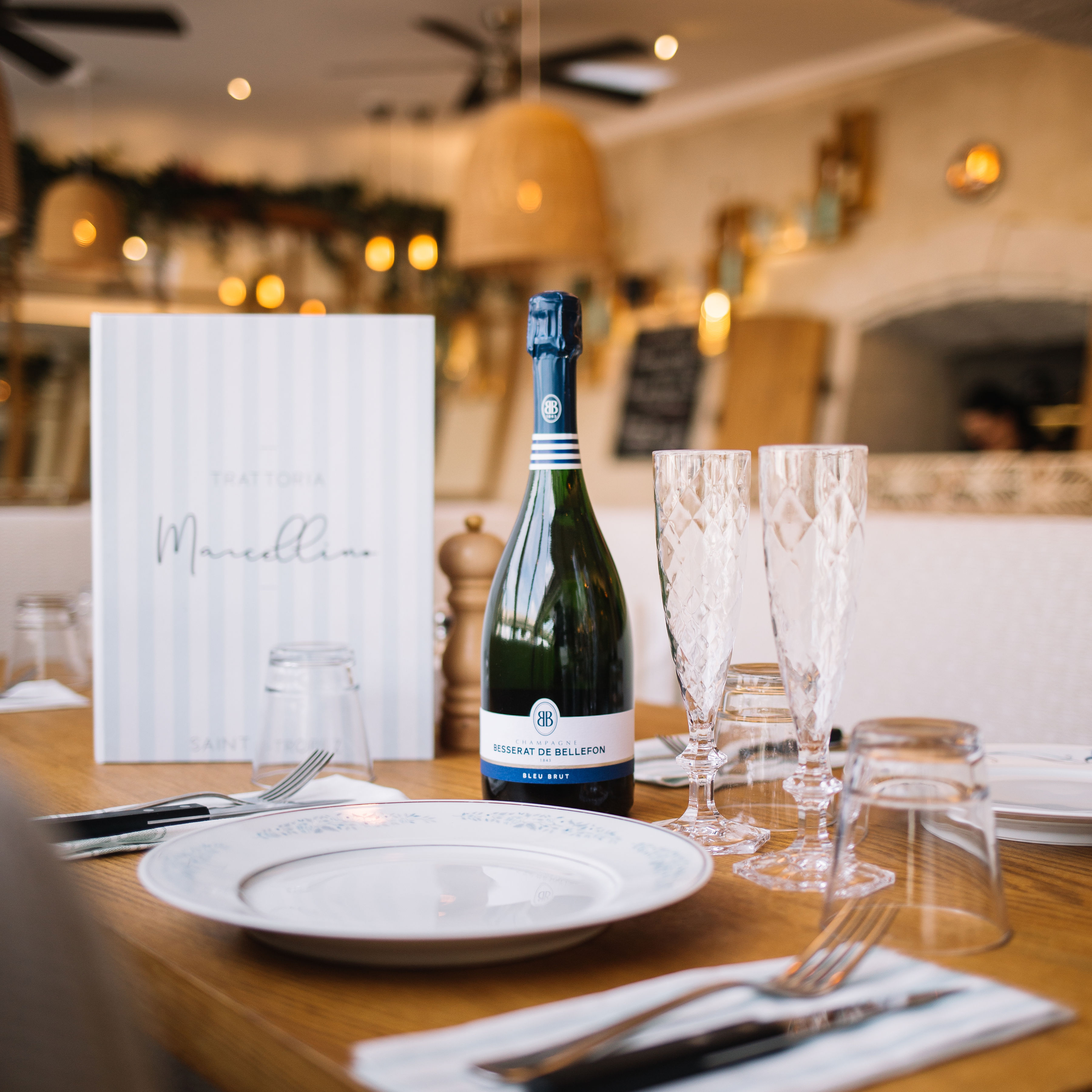 Besserat de Bellefon Champagne arranged on a restaurant table