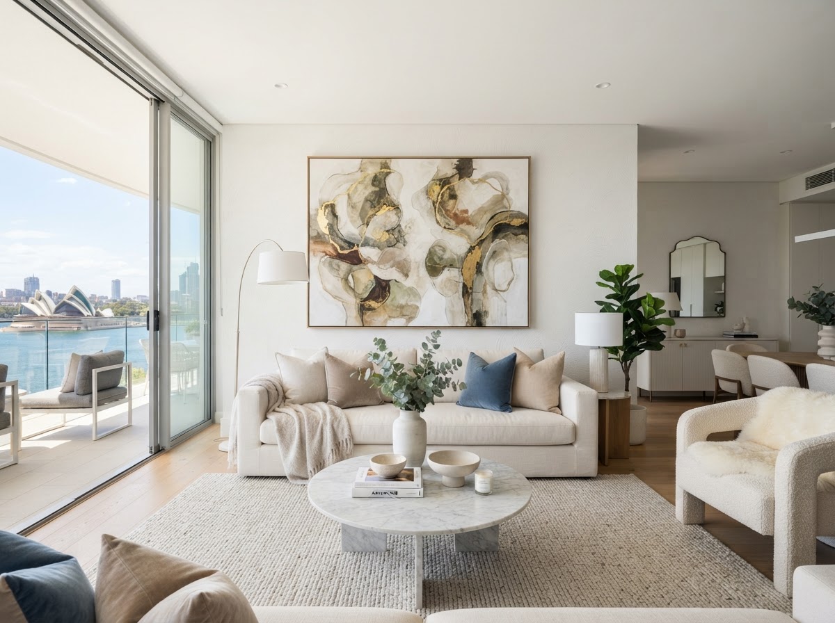 Styled living room with a large artwork above the sofa as the focal point