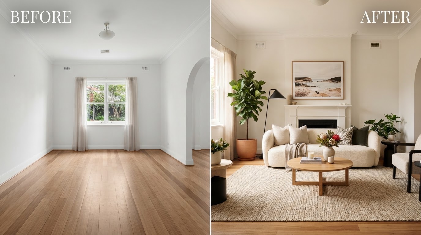 Vacant living room before and after full property styling in a Sydney Eastern Suburbs home