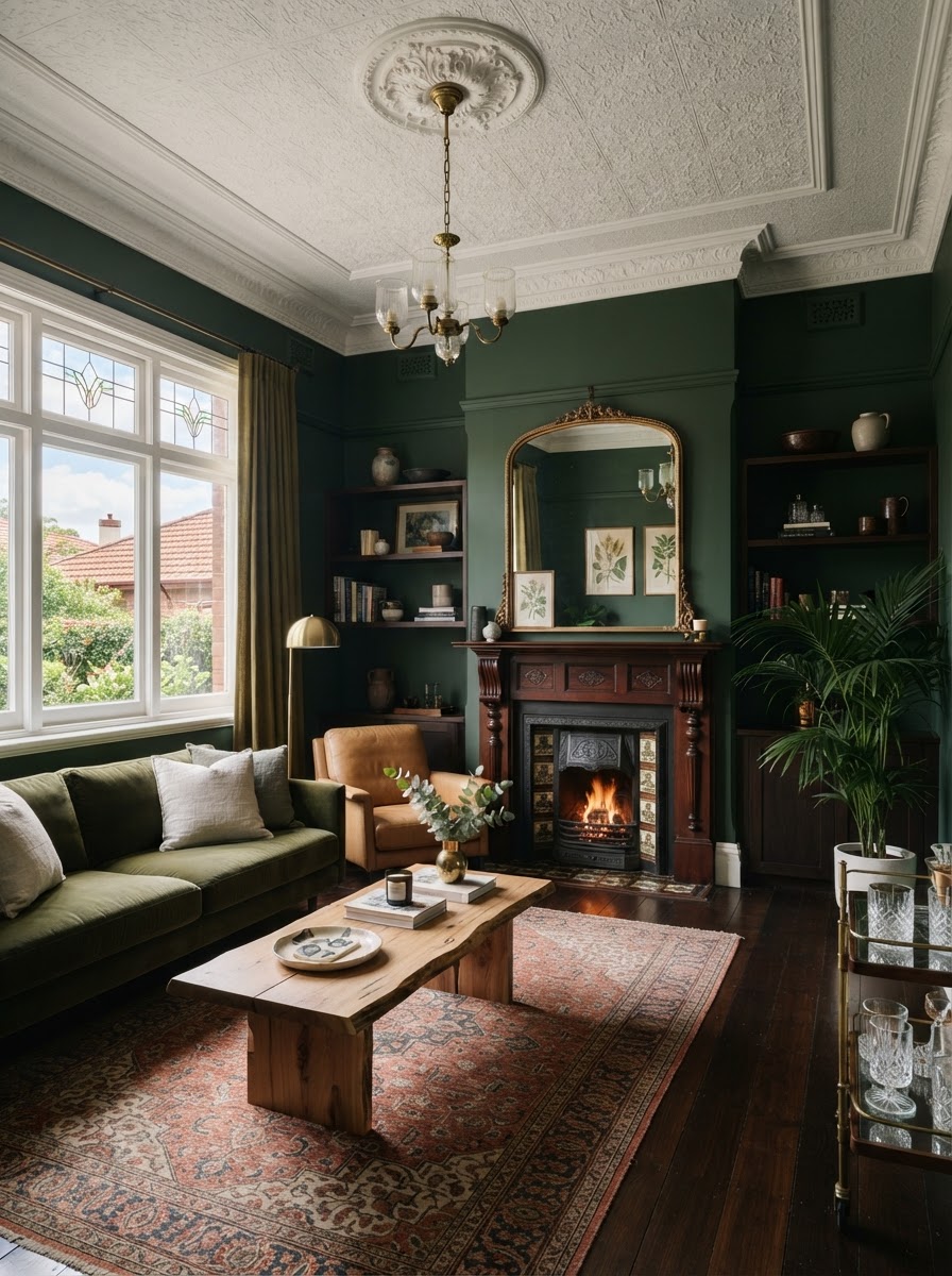 Deep green living room in a Federation home in Sydney's Eastern Suburbs, designed by Bettini & Co