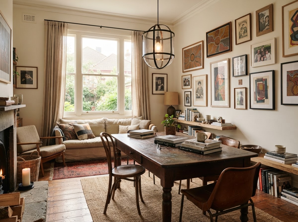 Living room combining an antique table, contemporary lighting and collected artwork