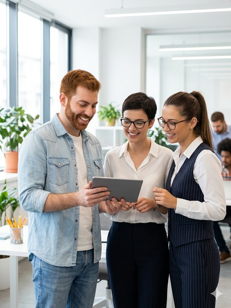 Equipo profesional revisando un sistema de automatización en una tablet en una oficina moderna