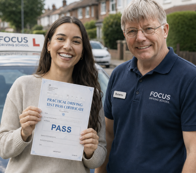 Mal's Driving School proud student holding practical driving test pass certificate with instructor Malcolm