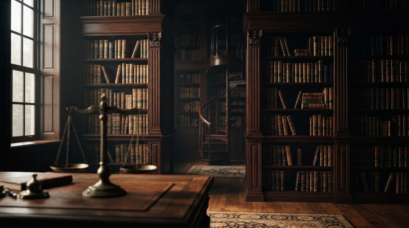 Elegant law library interior with legal books and scales of justice