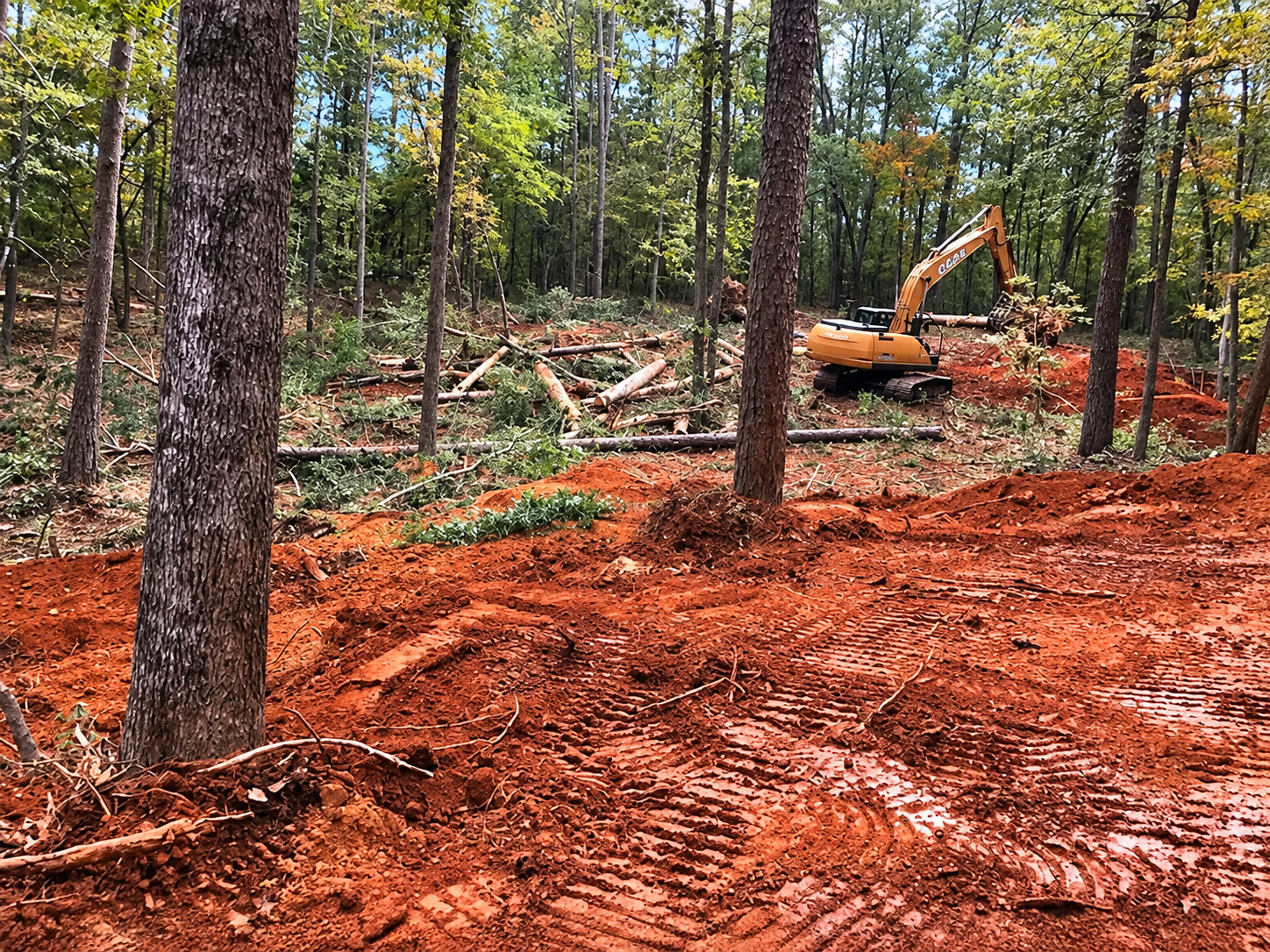 Excavator clearing dense woods, fallen timber, and grading red clay terrain in Augusta, GA