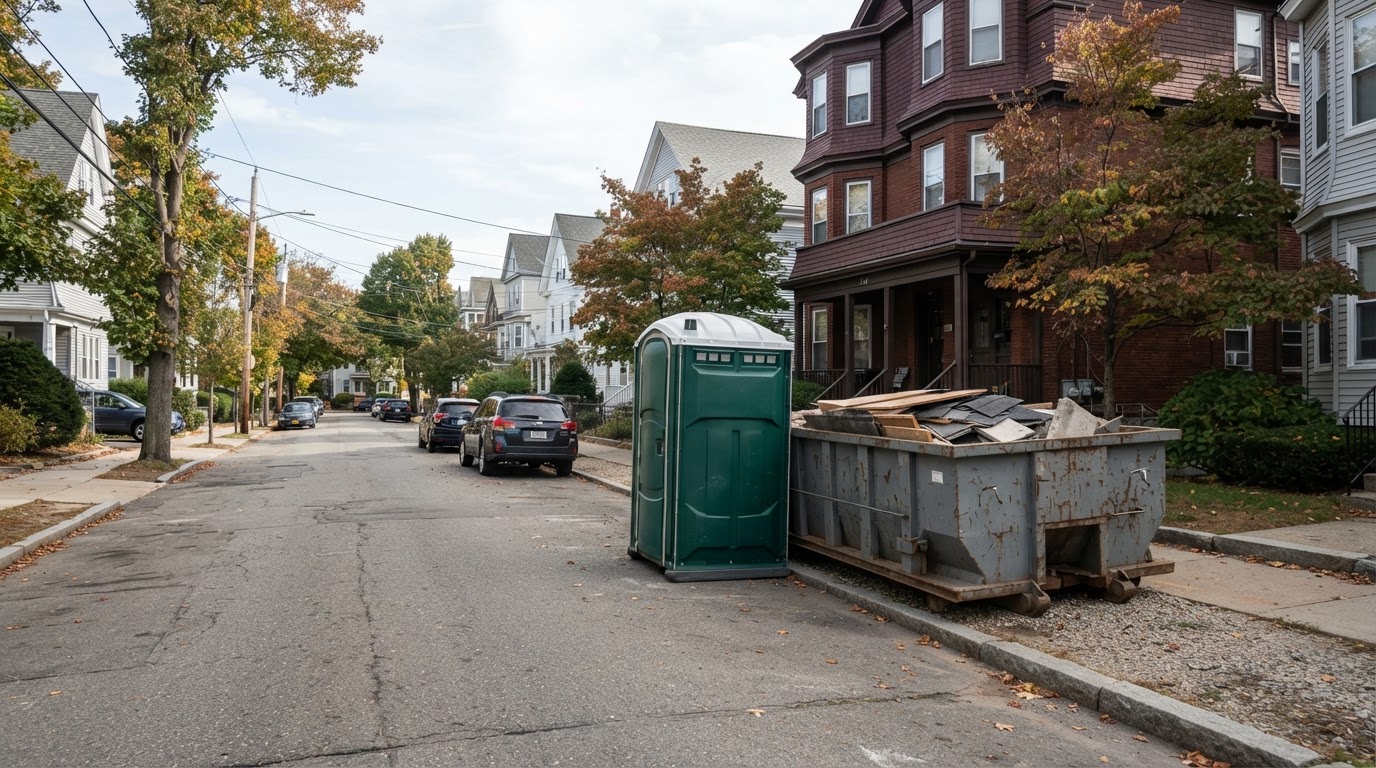 Portable toilet and roll-off dumpster on a residential street in Somerville, Massachusetts