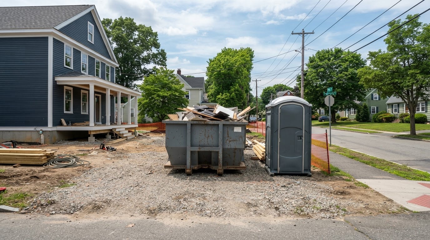 Construction dumpster and portable toilet on a jobsite in Medford, Massachusetts