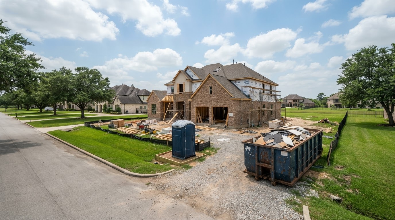 Roll-off dumpster and portable toilet at a residential construction site in Fulshear, Texas