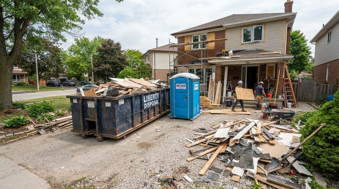 Roll-off dumpster and portable toilet at a home renovation jobsite