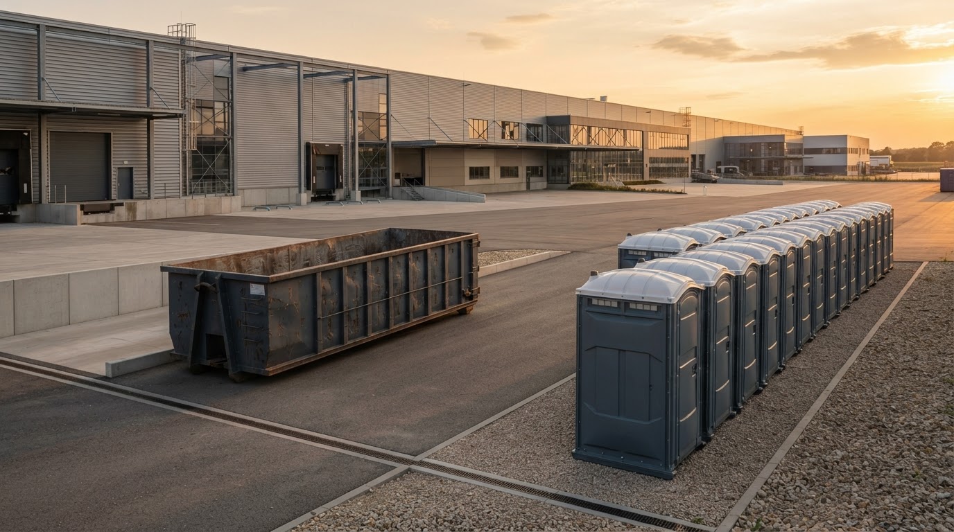 Roll-off dumpster and portable toilets lined up at a service yard at golden hour