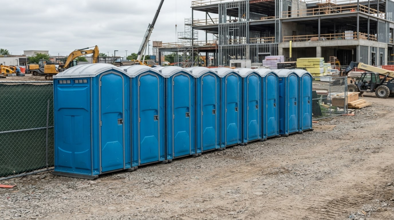 Portable toilet positioned at an active construction jobsite