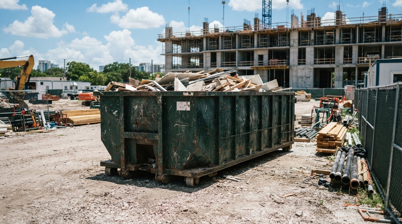 Roll-off dumpster on a construction jobsite in Orlando Florida