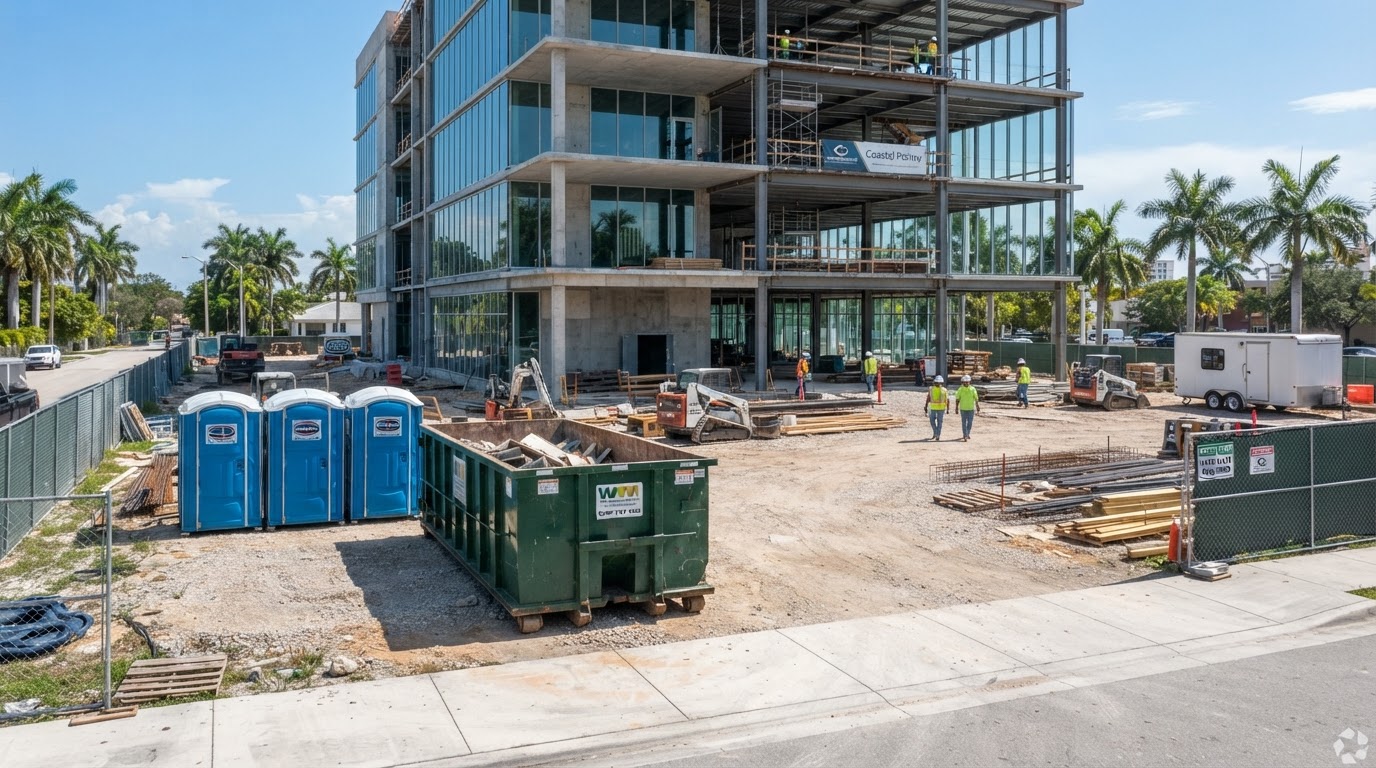 Roll-off dumpster and portable toilets on a commercial jobsite in Plantation, Florida