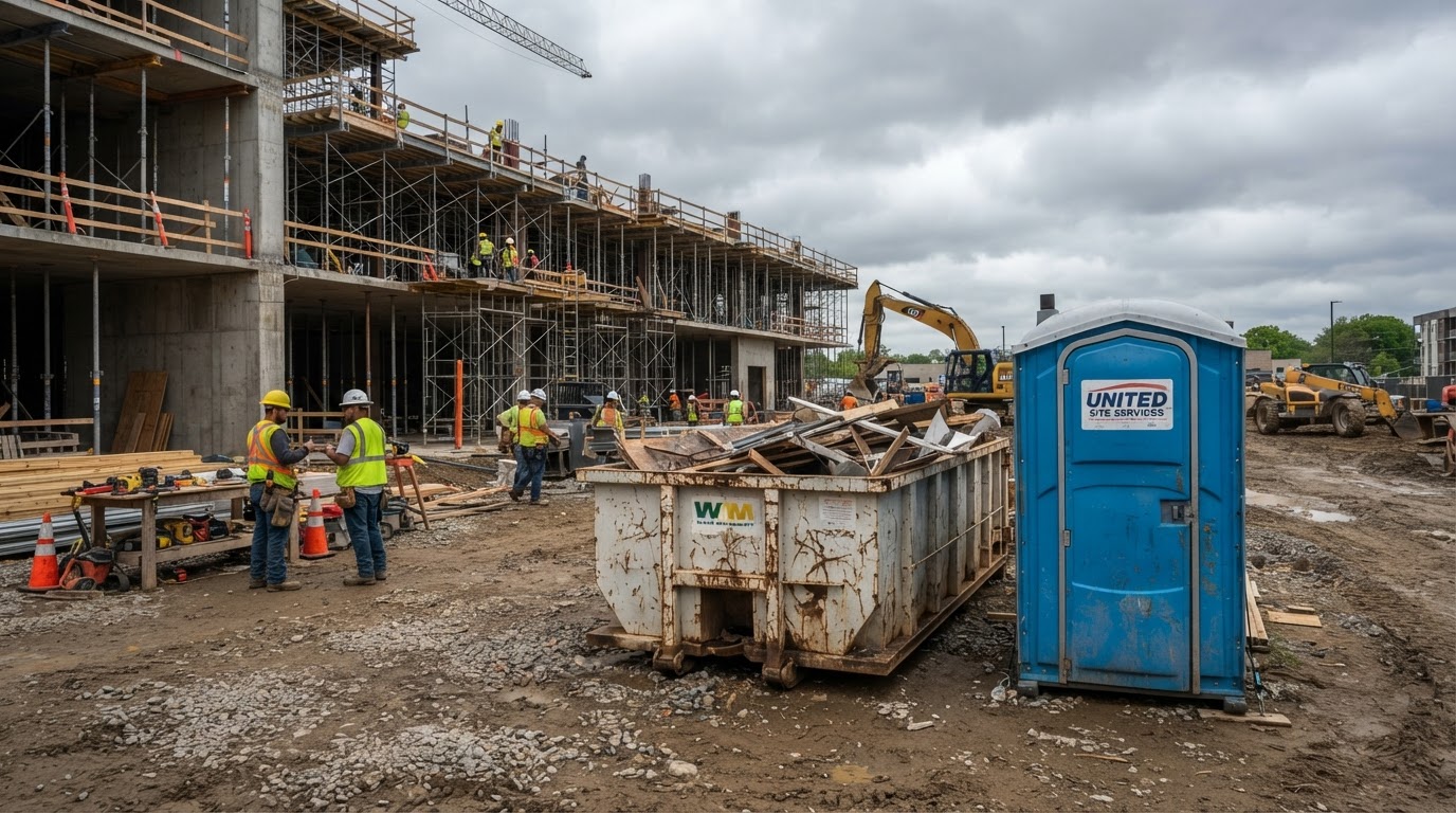Roll-off dumpster and a standard portable toilet side by side at a construction jobsite