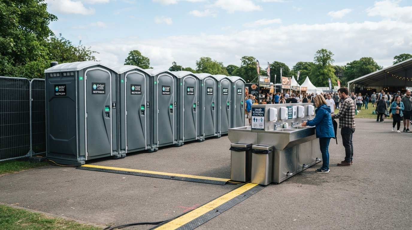 Row of portable toilet units with a handwashing station at an outdoor event site