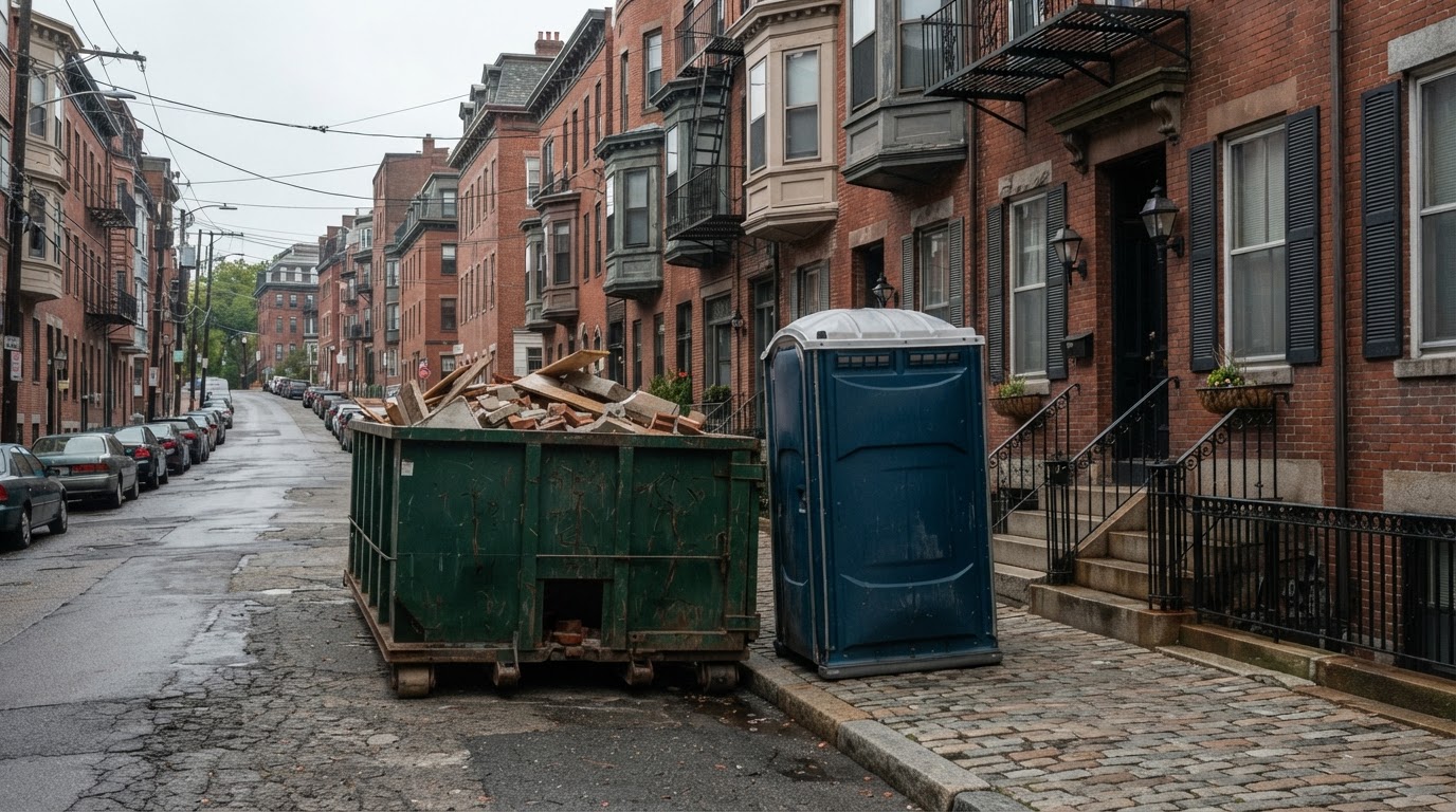 Roll-off dumpster and portable toilet on a tight urban Boston street with brick rowhouses