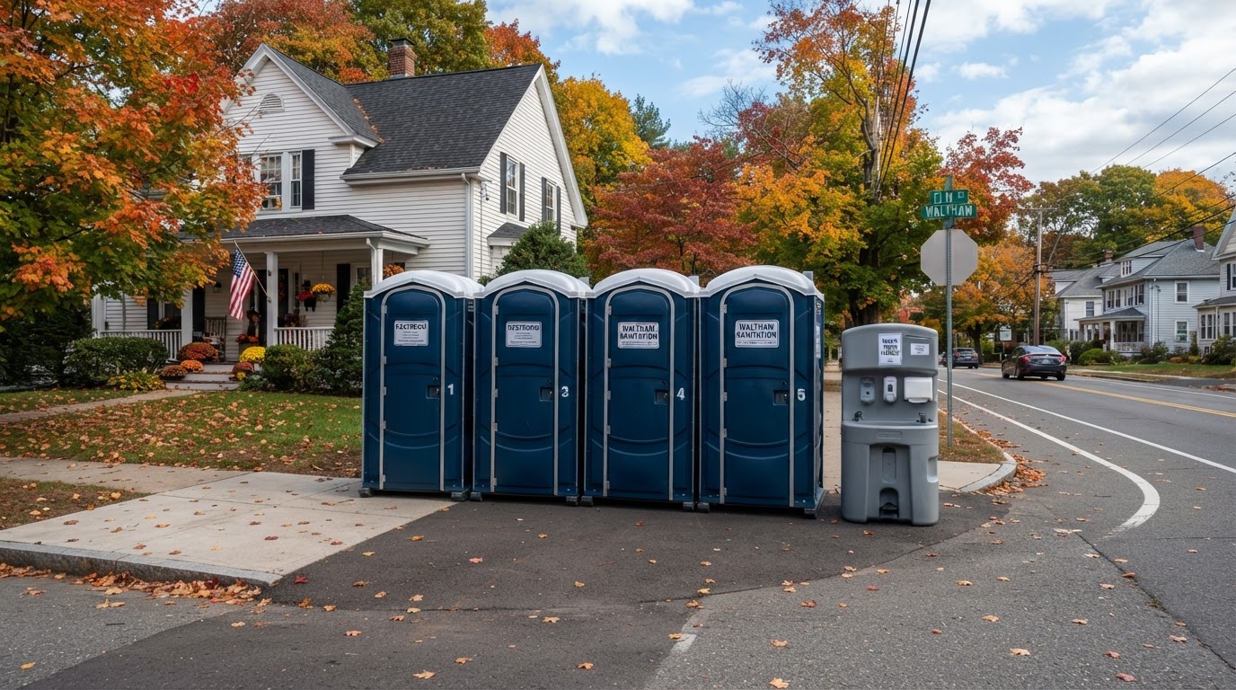 Row of standard portable toilets and a handwashing station set up along a residential street in Waltham, Massachusetts