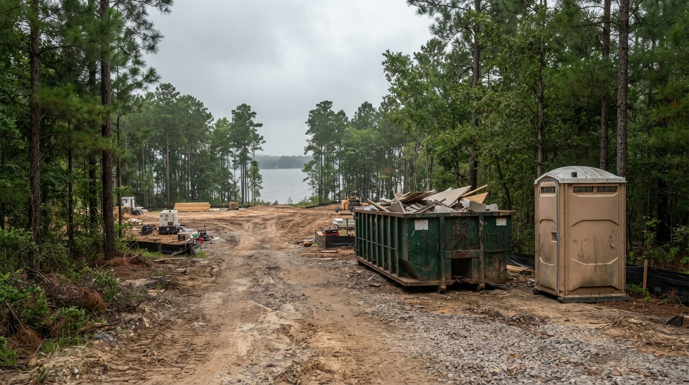 Roll-off dumpster and portable toilet at a construction site near Lake Conroe, Texas