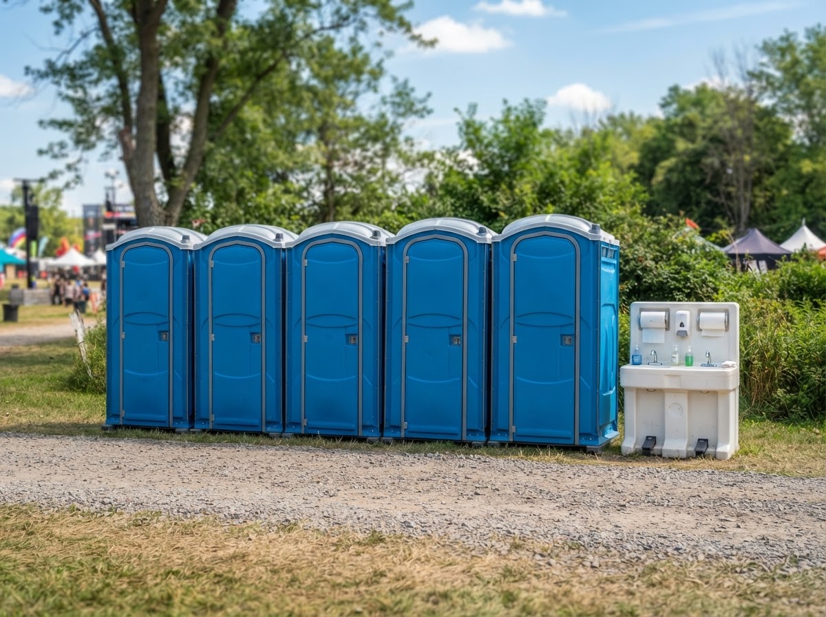 Row of portable toilet units with a handwashing station at an outdoor event site