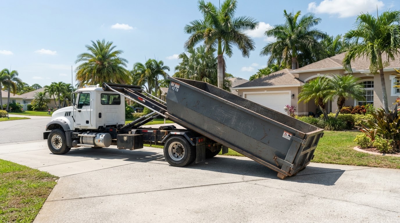 Roll-off dumpster delivered on a flat residential driveway in Florida