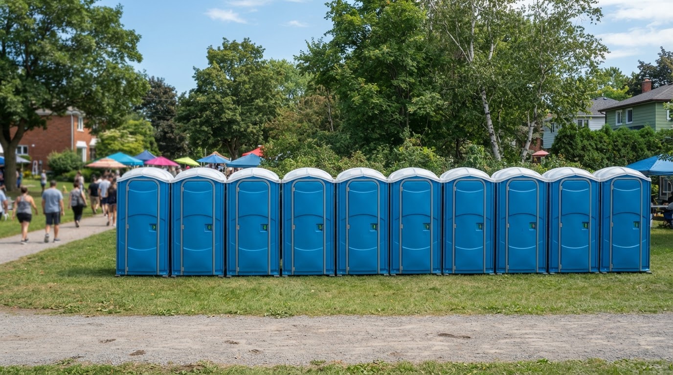 Row of clean standard portable toilets lined up along a grassy edge at an outdoor event