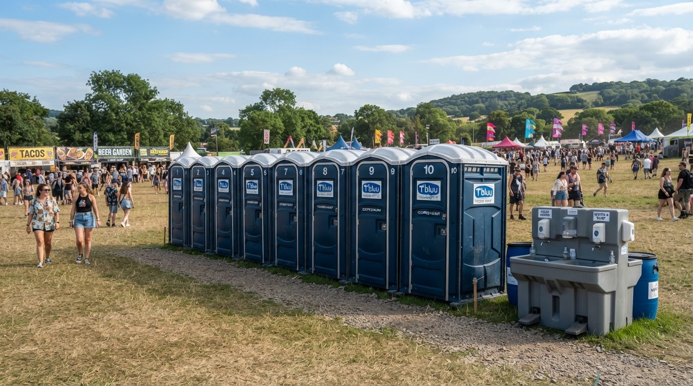 Row of standard portable toilets and a handwashing station set up at an outdoor event field