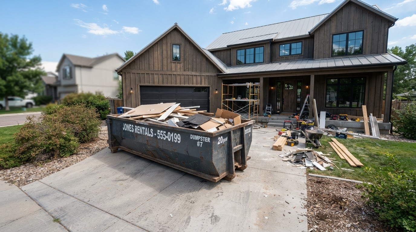 Roll-off dumpster placed on a residential driveway during a home renovation cleanout