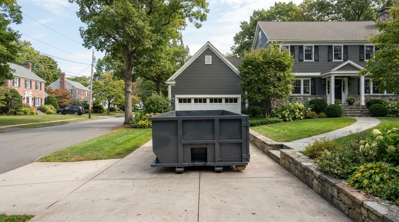 Roll-off dumpster placed on a residential driveway in Winchester, Massachusetts
