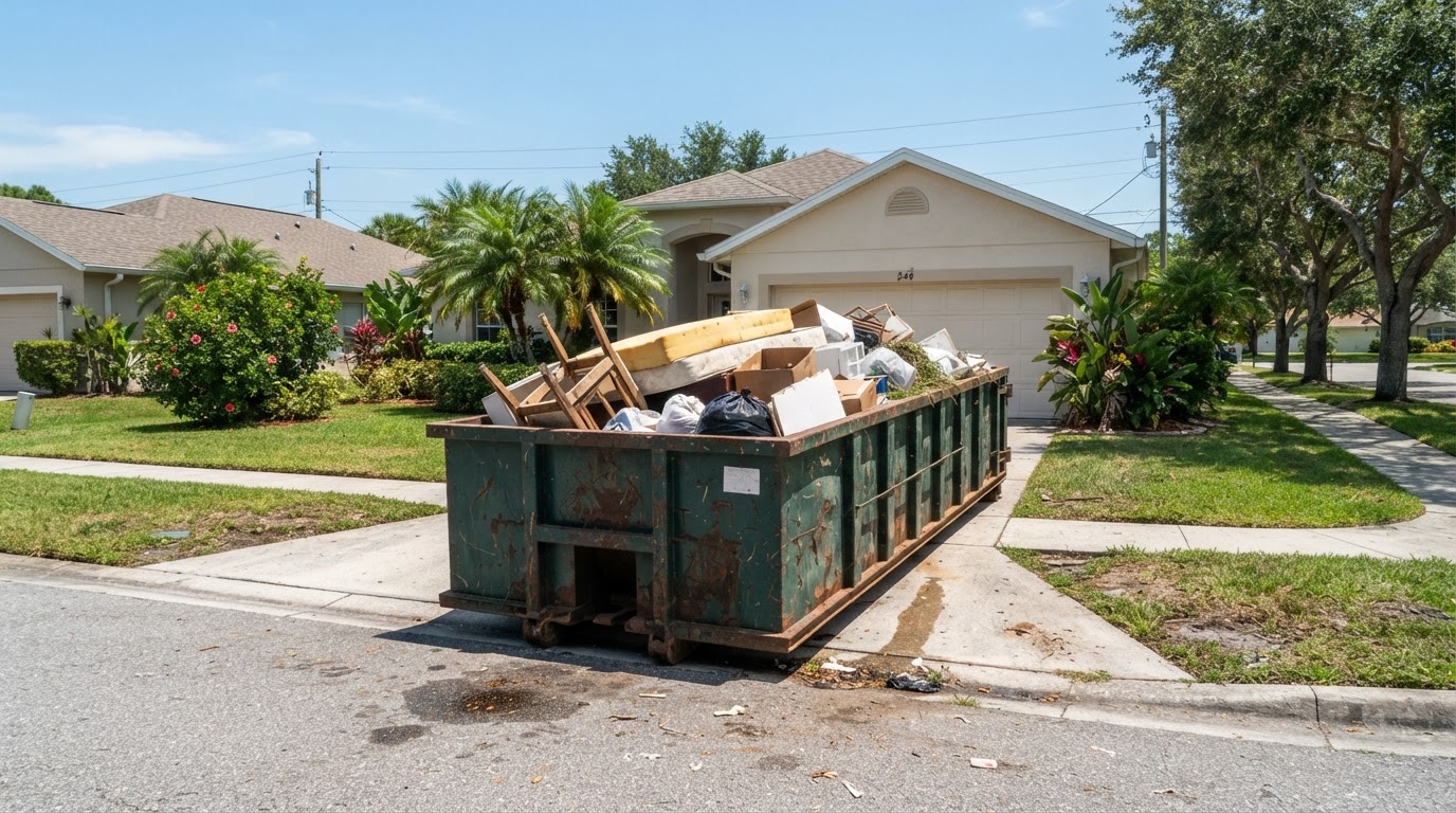 Roll-off dumpster placed at a residential cleanout project in a Florida neighborhood