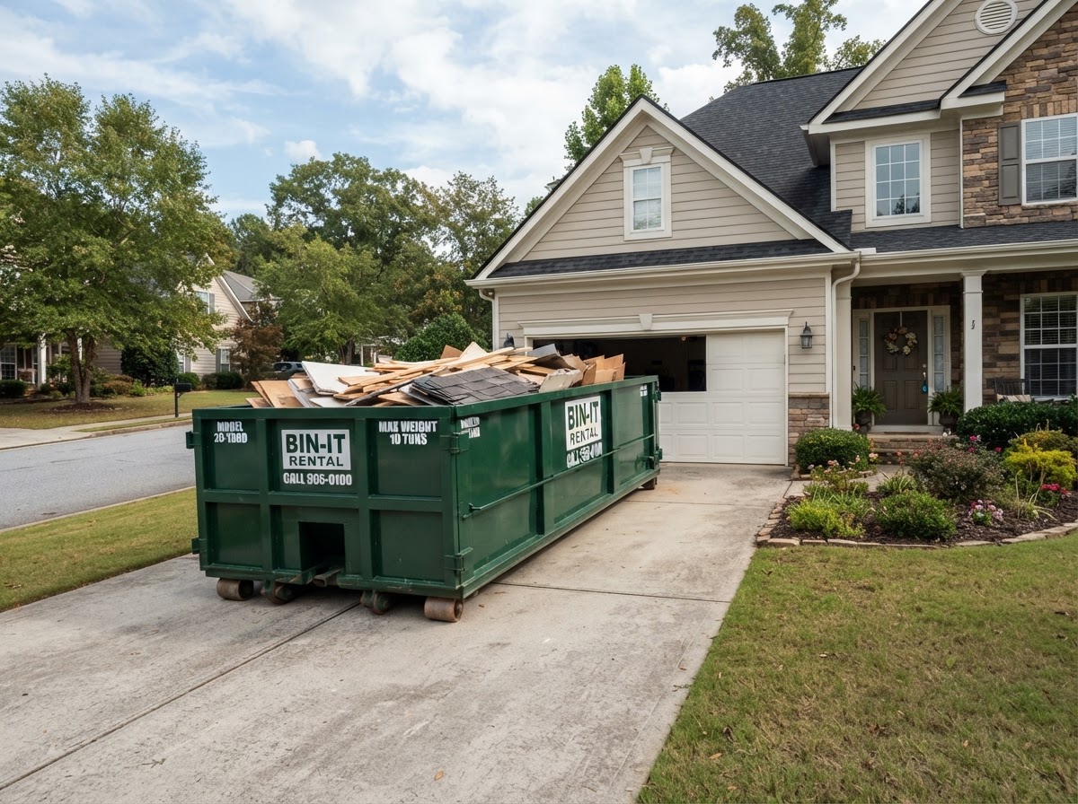 Roll-off dumpster on a residential driveway