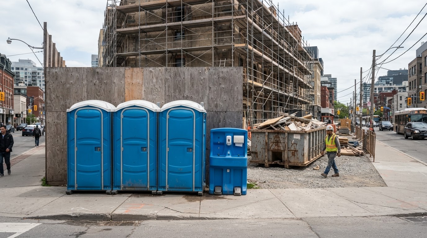 Portable toilets and a handwashing station placed near the sidewalk at an urban construction site