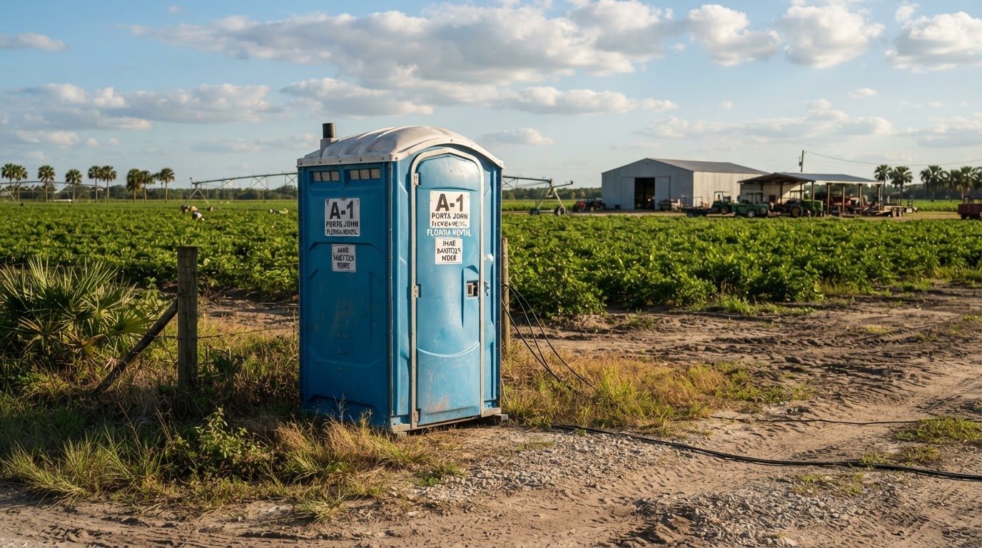 Portable toilet unit positioned at the edge of an agricultural worksite in rural Immokalee, Florida
