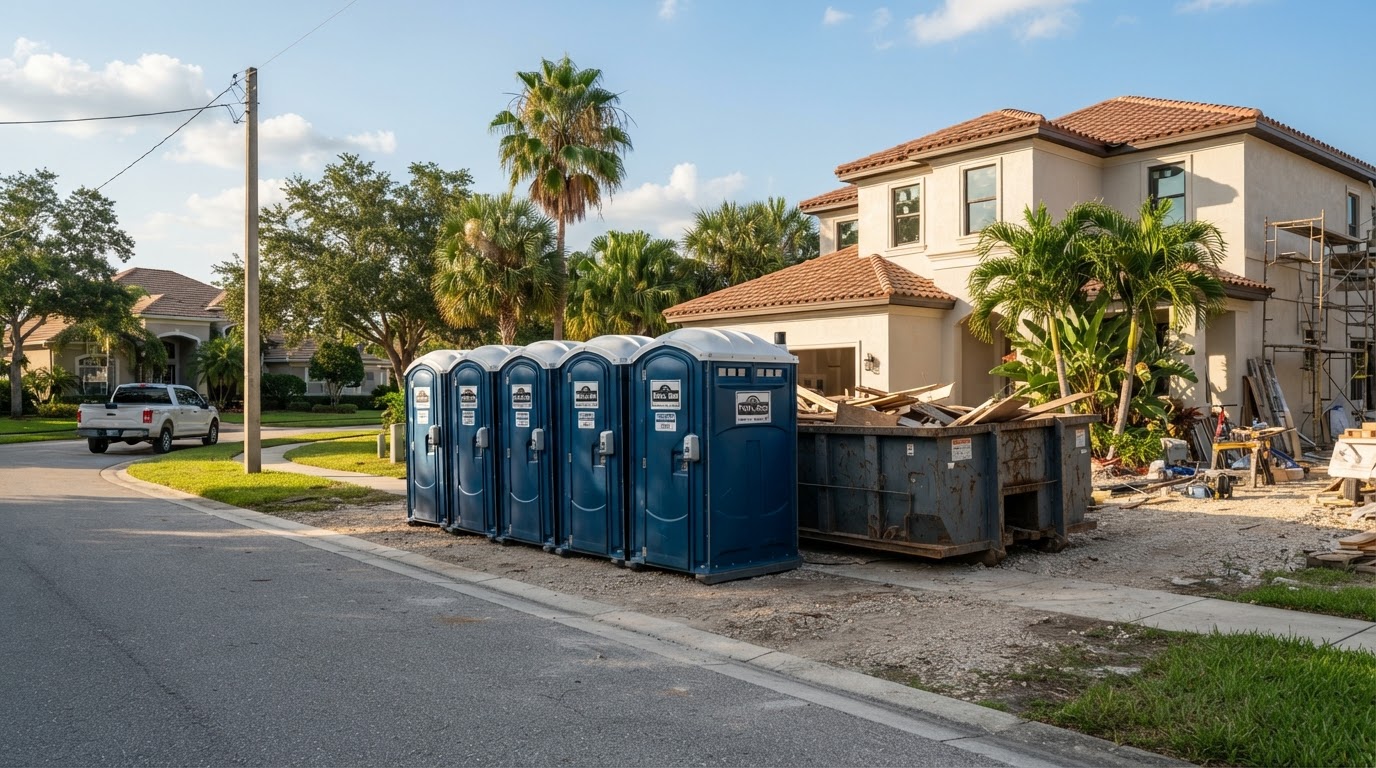 Row of portable toilet units lined up beside a roll-off dumpster at a residential construction site in Estero, Florida