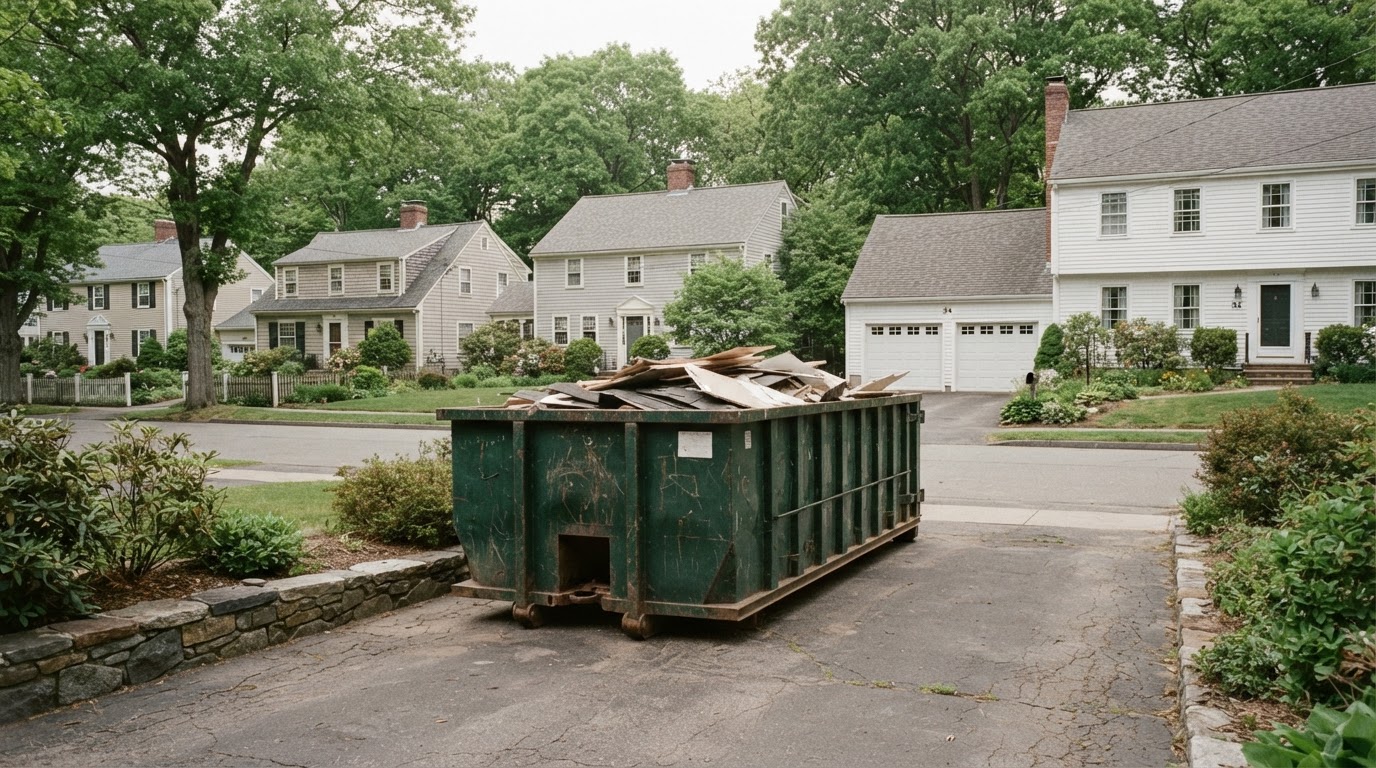 Roll-off dumpster placed on a residential driveway in a Waltham, Massachusetts neighborhood