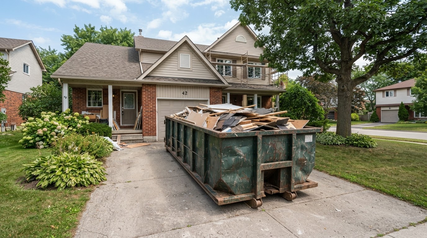 Roll-off dumpster placed on a residential driveway during a home renovation cleanout