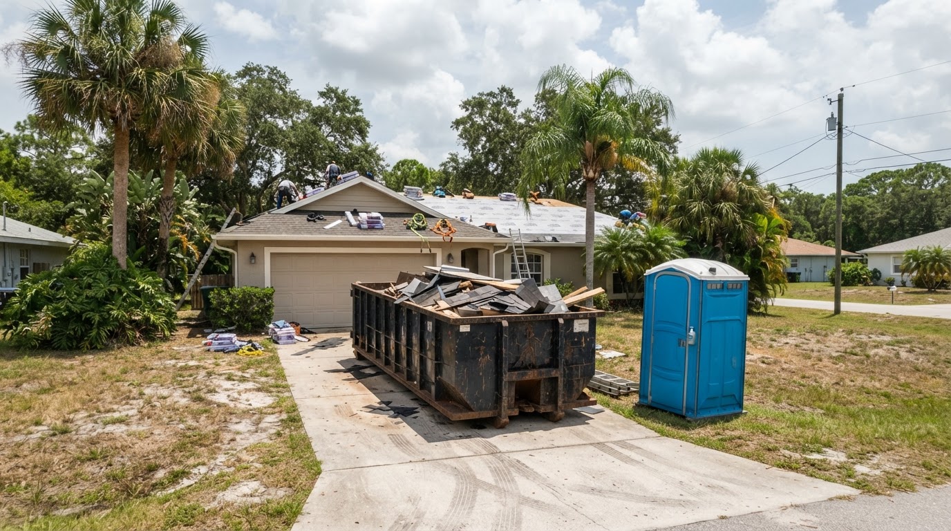 Roll-off dumpster and portable toilet at a residential roofing project in Lakeland, Florida