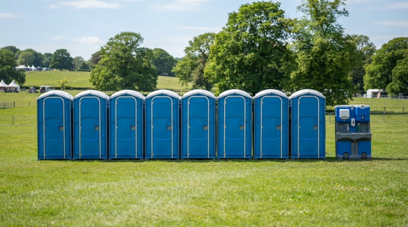 Portable toilets and handwashing station set up at an outdoor event venue