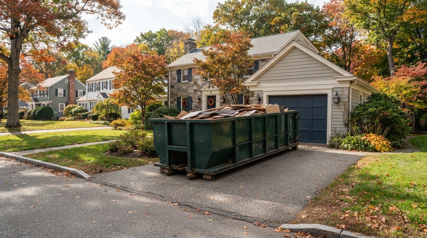 Roll-off dumpster placed on a residential driveway in the Waban neighborhood of Newton, Massachusetts