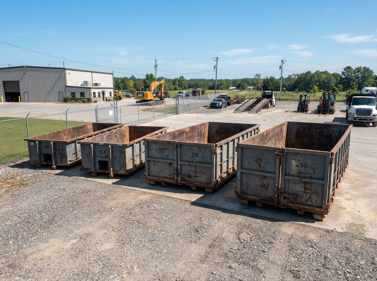 Open-top roll-off dumpster containers of different sizes at a rental yard