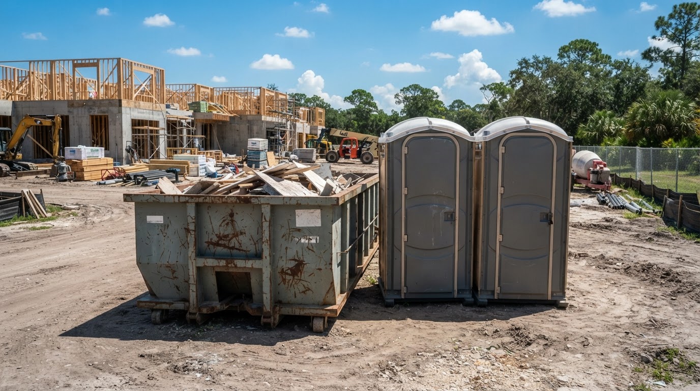 Roll-off dumpster and portable toilet units side by side at a construction jobsite in Florida