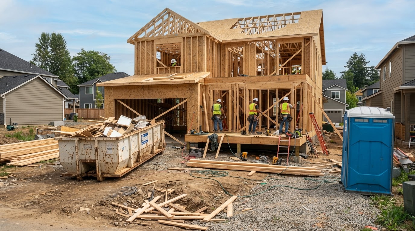 Residential construction jobsite with a roll-off dumpster and a portable toilet for workers