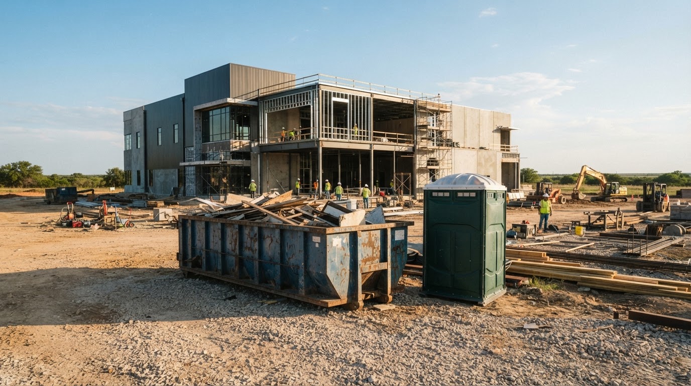 Roll-off dumpster and portable toilet at a construction site in Forney, Texas