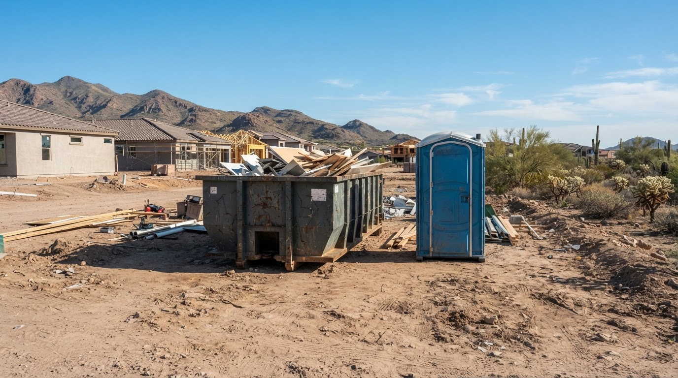 Roll-off dumpster and portable toilet at a desert construction site in Queen Creek, Arizona